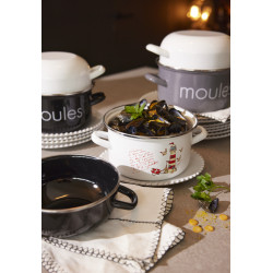 Marmite à moules noire marquage "moules" avec couvercle blanc 