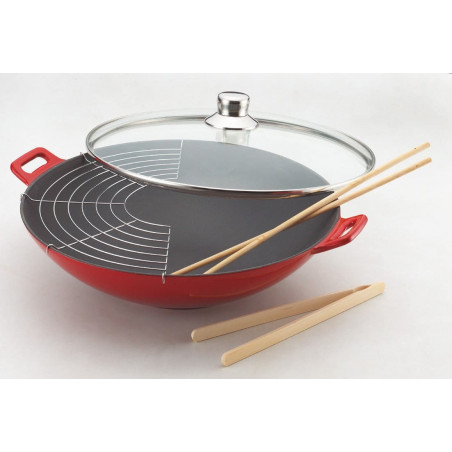 Wok en fonte rouge 36 cm avec couvercle en verre 