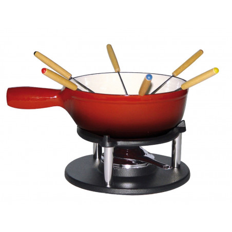 Service à fondue savoyarde en fonte rouge 20 cm - 6 pers 