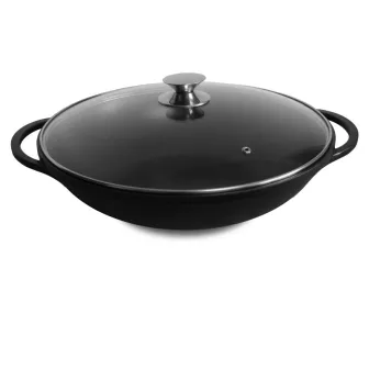 Wok 36 cm en fonte d'aluminium avec couvercle en verre 