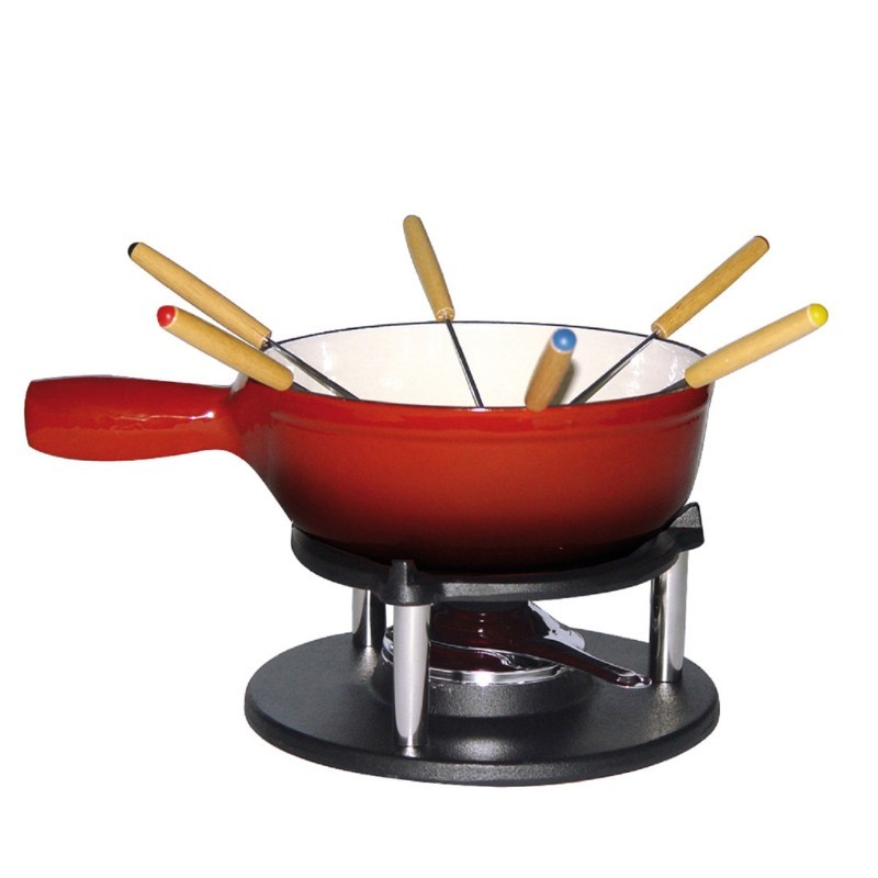 Service à fondue savoyarde en fonte rouge 24 cm - 6 pers 