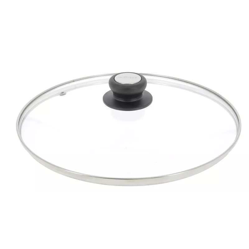 Couvercle en verre 28 cm avec bouton bakélite et bord inox