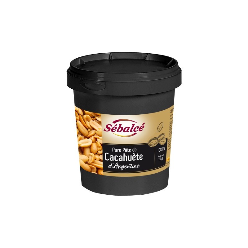 Pâte de cacahuète d’Argentine 100 % Sébalcé 1 kg – seau noir avec visuel de cacahuètes entières et épluchées
