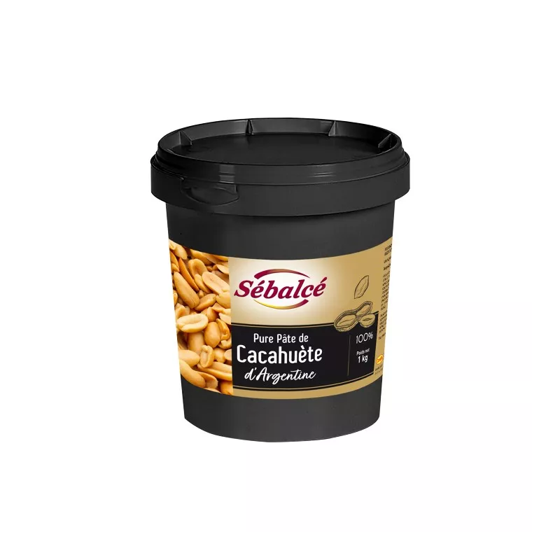 Pâte de cacahuète d’Argentine 100 % Sébalcé 1 kg – seau noir avec visuel de cacahuètes entières et épluchées