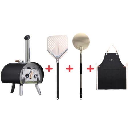 Pack Four à bois Marcel Noir + Pelle à pizza perforée + Pelle de retournement + Tablier denim – Louis Tellier 