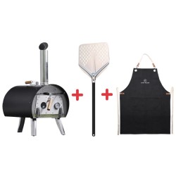 Pack Four à bois Marcel Noir + Pelle à pizza perforée + Tablier denim – Louis Tellier 