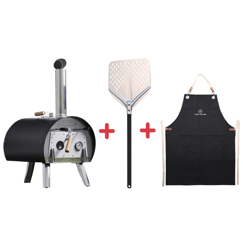 Pack Four à bois Marcel Noir + Pelle à pizza perforée + Tablier denim – Louis Tellier 