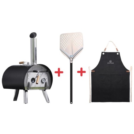Pack Four à bois Marcel Noir + Pelle à pizza perforée + Tablier denim – Louis Tellier 