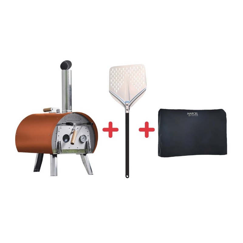 Pack Four à bois Marcel Orange + Pelle à pizza perforée + Housse imperméable – Louis Tellier 