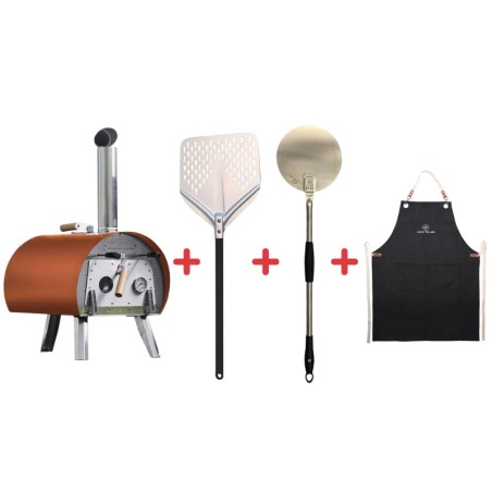 Pack Four à bois Marcel Orange + Pelle à pizza perforée + Pelle de retournement + Tablier denim – Louis Tellier 