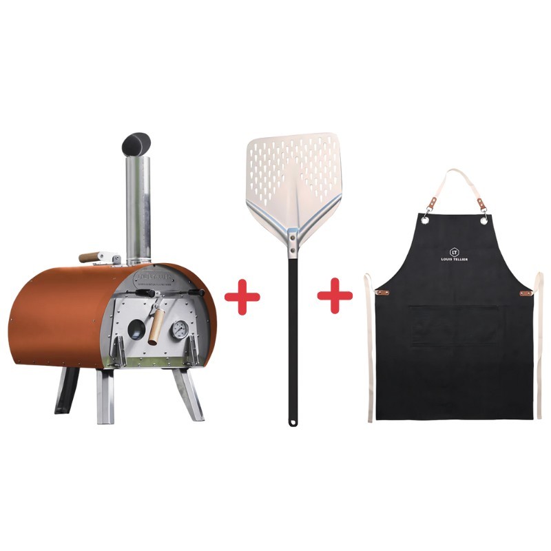 Pack Four à bois Marcel Orange + Pelle à pizza perforée + Tablier denim – Louis Tellier 
