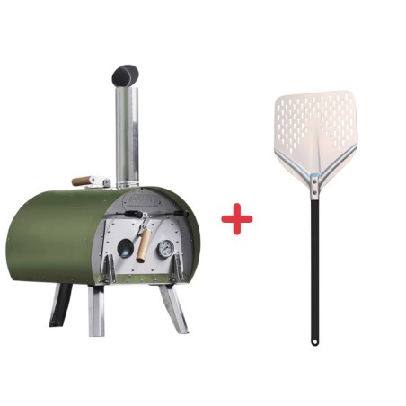 Pack Four à bois Marcel Vert + Pelle à pizza perforée – Louis Tellier 