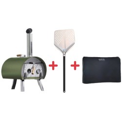 Pack Four à bois Marcel Vert + Pelle à pizza perforée + Housse imperméable – Louis Tellier 