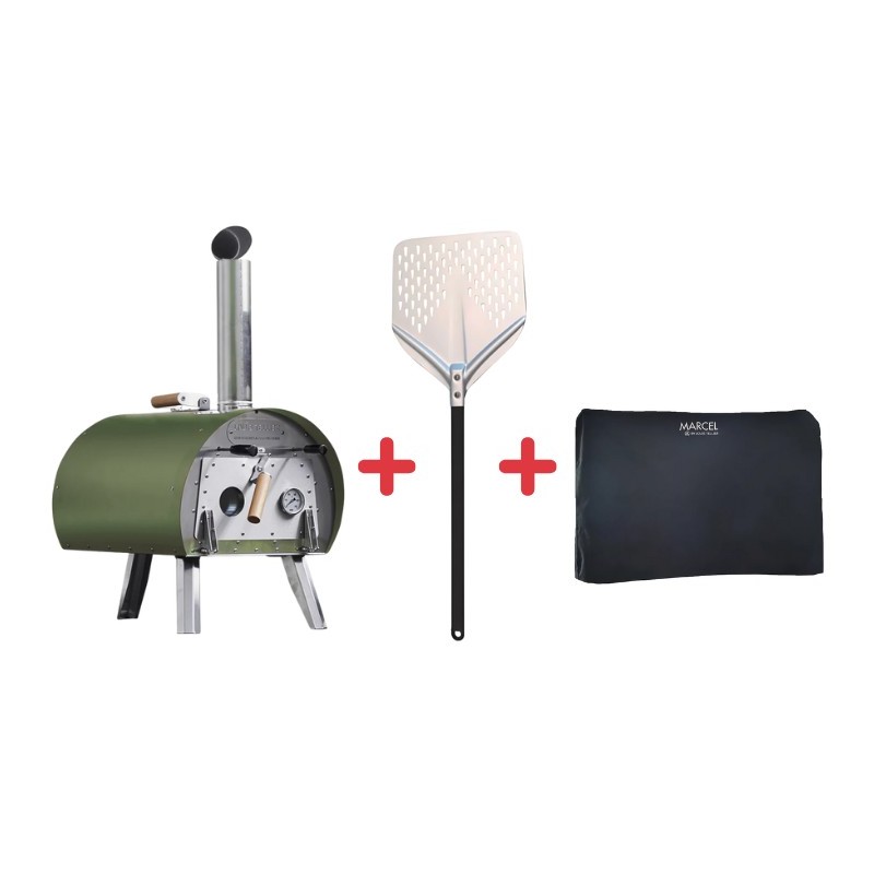 Pack Four à bois Marcel Vert + Pelle à pizza perforée + Housse imperméable – Louis Tellier 