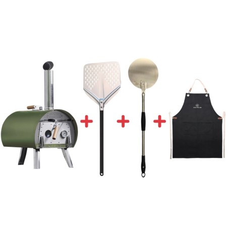 Pack Four à bois Marcel Vert + Pelle à pizza perforée + Pelle de retournement + Tablier denim – Louis Tellier 