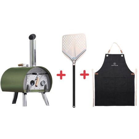 Pack Four à bois Marcel Vert + Pelle à pizza perforée + Tablier denim – Louis Tellier 