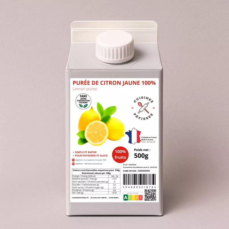 Purée de citron jaune 100% fruits 500g pour desserts et cocktails
