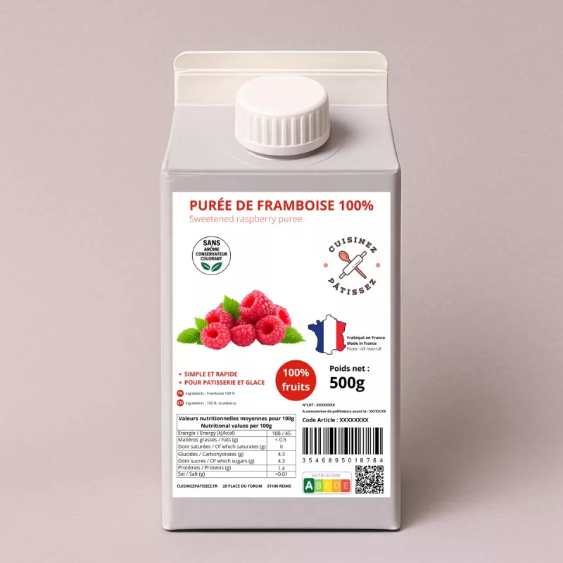 Purée de framboise 100 % fruits 500 g pour desserts et boissons