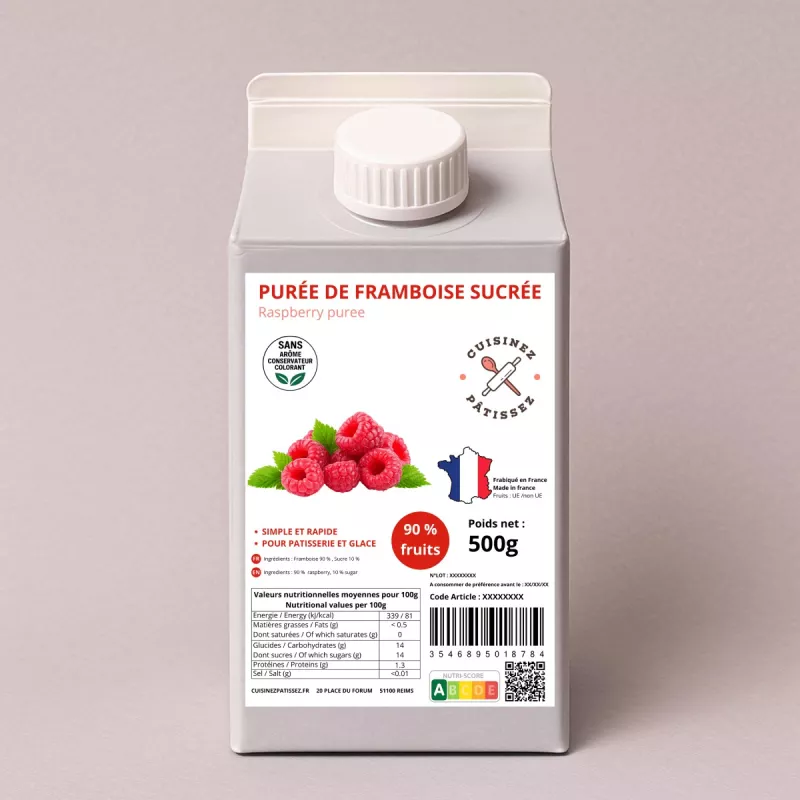 Purée de framboise sucrée 500g pour desserts et coulis