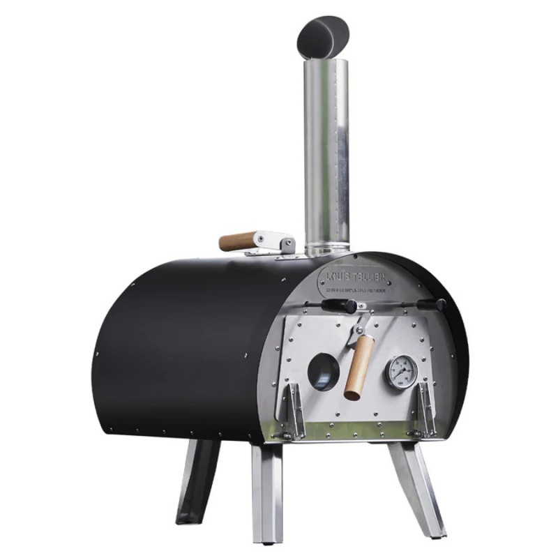 Pack Four à bois Marcel Noir + Pelle à pizza perforée + Pelle de retournement + Tablier denim – Louis Tellier 