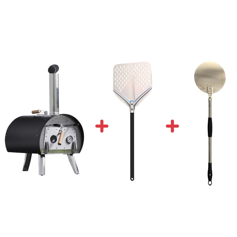 Pack Four à bois Marcel Noir + Pelle à pizza perforée + Pelle de retournement – Louis Tellier