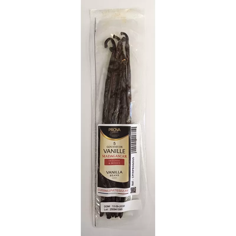 paquet de 5 gousses de vanille Bourbon Madagascar, arôme intense et boisé, naturel