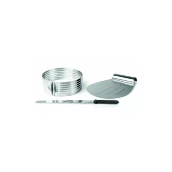 set de découpe pâtisserie en acier inox avec cercle réglable, spatule et couteau à lame dentelée, idéal pour gâteaux et tartes.