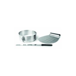 set de découpe pâtisserie en acier inox avec cercle réglable, spatule et couteau à lame dentelée, idéal pour gâteaux et tartes.