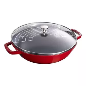  Wok en Fonte émaillée avec Couvercle en Verre Couleur:Cerise