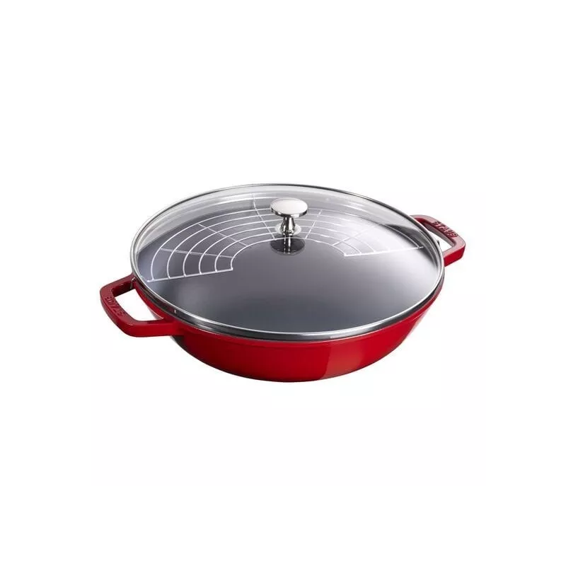  Wok en Fonte émaillée avec Couvercle en Verre Couleur:Cerise