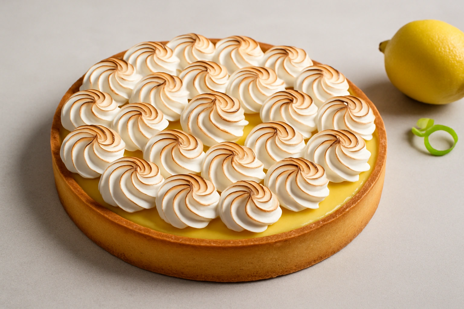 Tarte citron meringuée avec meringue pochée et dorée