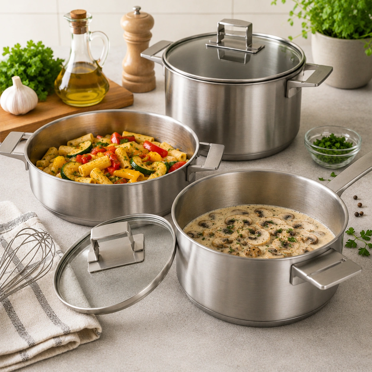 Casseroles inox, bassines et couvercles pour sauces, pâtes et préparations du quotidien