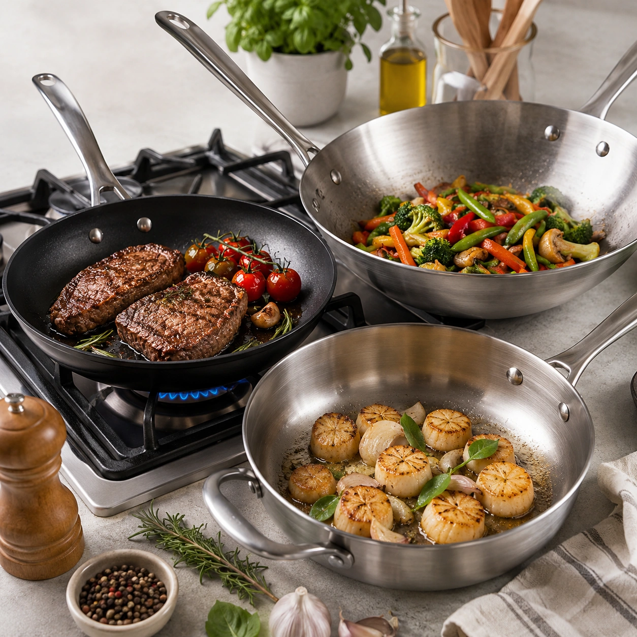 Poêles, sauteuses et woks pour saisir viandes, poissons et légumes
