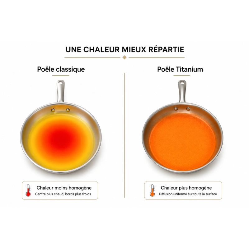 Comparatif de la répartition de la chaleur entre une poêle classique et une poêle Titanium montrant une diffusion homogène de la chaleur sur toute la surface de cuisson grâce à son cœur en aluminium.