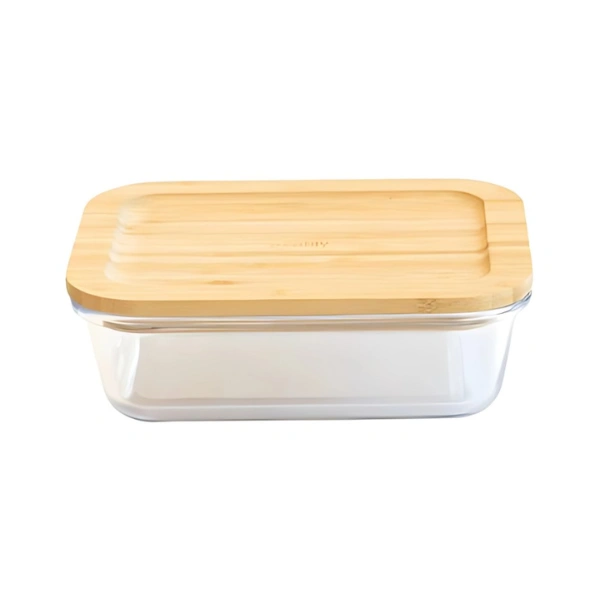Boîte de conservation rectangulaire en verre avec couvercle en bambou naturel