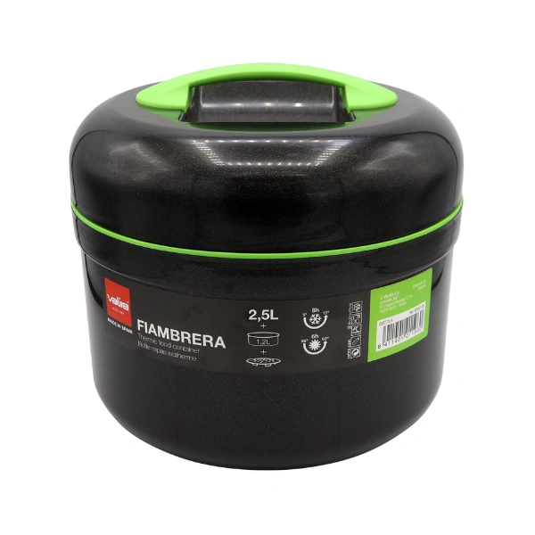 Boîte repas isotherme ronde 2,5 L Valira noire avec couvercle vert étanche