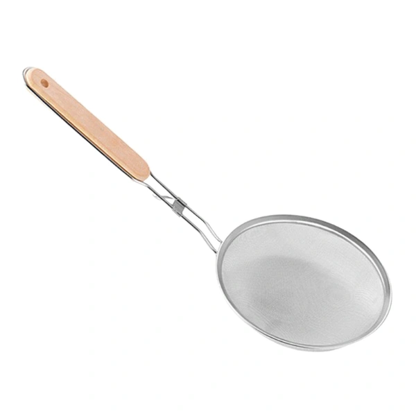 Écumoire en maille fine inox avec manche en bois pour égoutter et filtrer les aliments