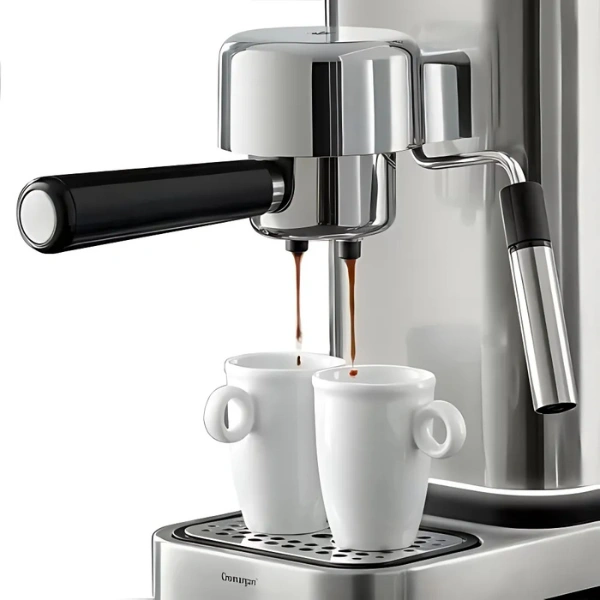 Machine expresso en acier inoxydable préparant deux cafés simultanément