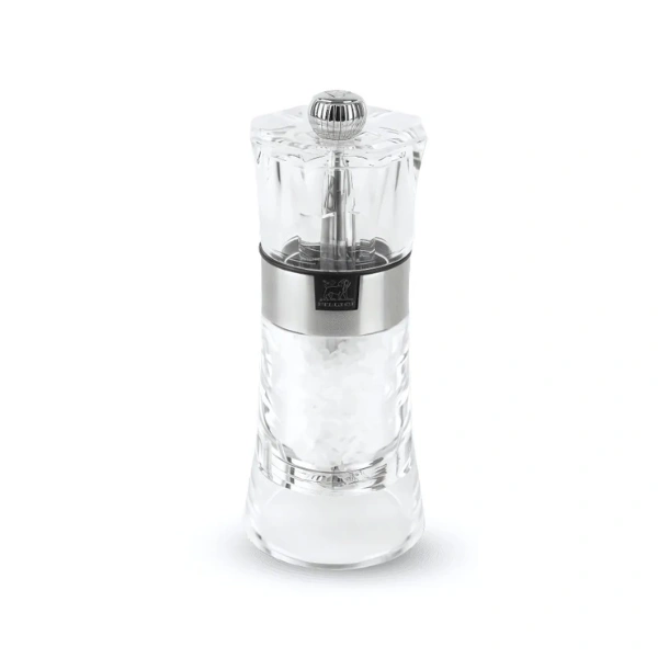 Moulin à sel manuel Peugeot Oslo 14 cm en acrylique transparent avec bague inox