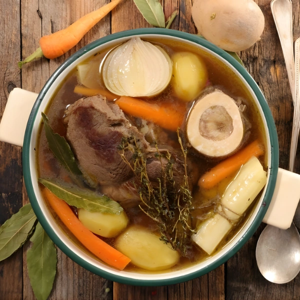 Pot-au-feu traditionnel avec viande, légumes et bouillon riche pour une cuisson lente et hydratante