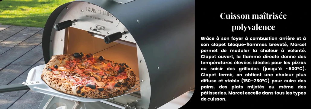 Four à bois Marcel en pleine cuisson d’une pizza, idéal pour saisir à haute température avec une flamme directe. Four à bois Marcel en pleine cuisson d’une pizza, idéal pour saisir à haute température avec une flamme directe.