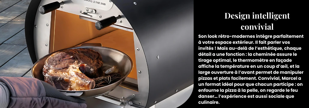 Four Marcel en train de cuire une pièce de viande dans une poêle, design convivial et fonctionnel. Four Marcel en train de cuire une pièce de viande dans une poêle, design convivial et fonctionnel.