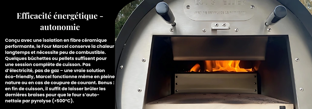 our à bois Marcel avec flammes visibles à l’intérieur, fonctionnement autonome sans gaz ni électricité. our à bois Marcel avec flammes visibles à l’intérieur, fonctionnement autonome sans gaz ni électricité.