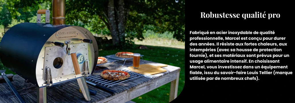 Four Marcel en acier inoxydable sur une table de jardin, cuisson de pizzas en plein air, robustesse professionnelle. Four Marcel en acier inoxydable sur une table de jardin, cuisson de pizzas en plein air, robustesse professionnelle.