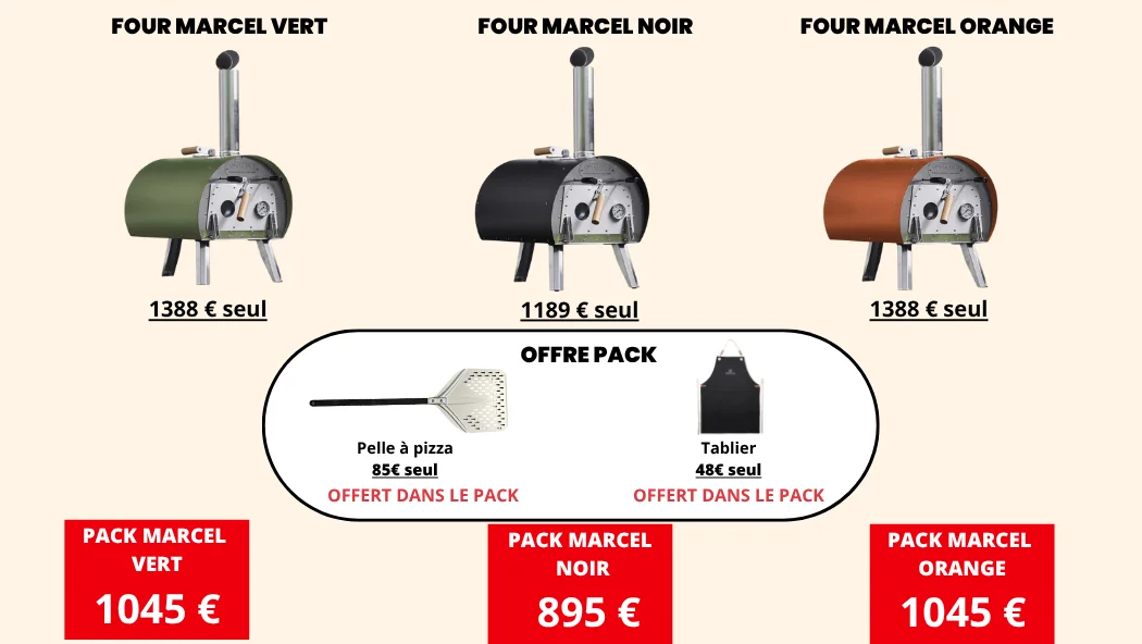 Offre spéciale fête des Pères : pack Four MARCEL vert, noir ou orange avec pelle à pizza et tablier offerts
