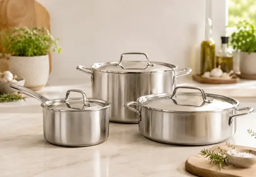 Batterie de cuisine inox avec casseroles, sauteuse et faitout