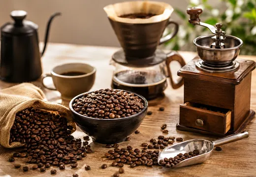 Accessoires café avec grains, moulin manuel, filtre et tasse