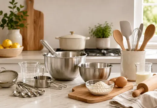 Ustensiles de cuisine avec bols inox, fouets, spatules et rouleau