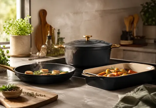 Univers cuisson avec cocotte, poêle, plat au four et légumes rôtis