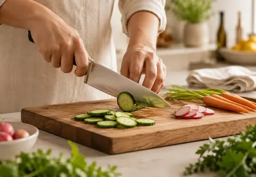 Découpe de légumes avec couteau de cuisine sur planche en bois